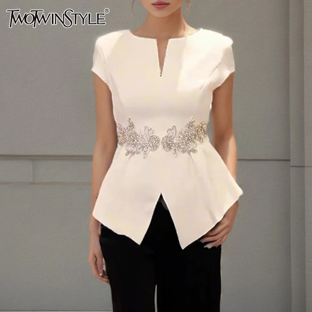 

TWOTWINSTYLE Solid Slimming Spliced Appliques Temperament Jackets for Women V Neck Short Sleves Split Jacket Female Fashion New