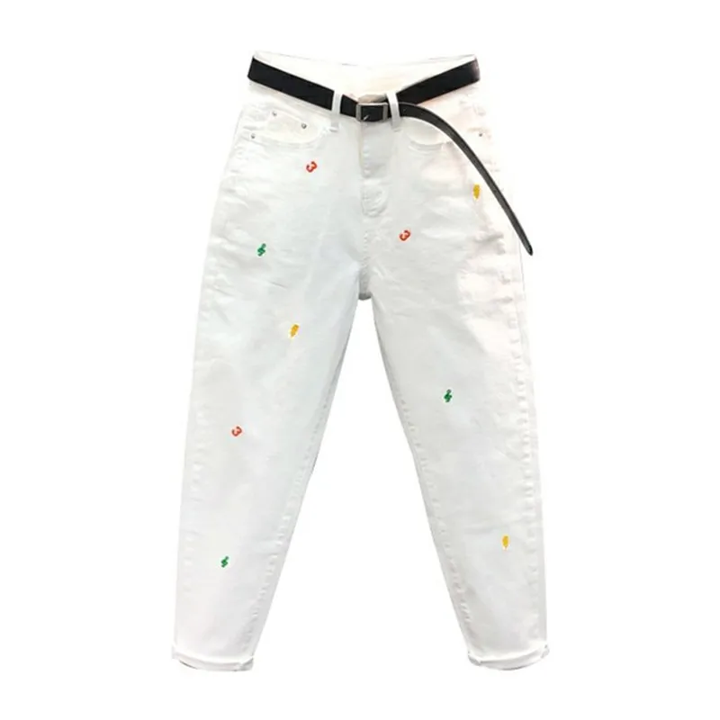 Casual White Jeans Women 2023 Spring Autumn Fashion Embroidery High Waist Denim Harem Pants Pocket Loose Stretch Jeans Female