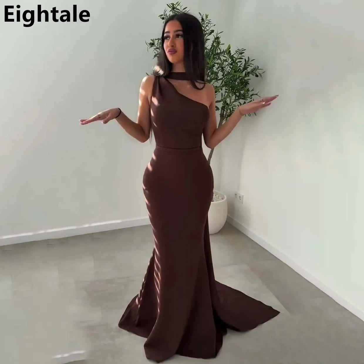 Eightale Dark Brown Mermaid Chiffon Evening Dresses For Wedding One Shoulder Formal Prom Dress Bridemaid Dress Customized