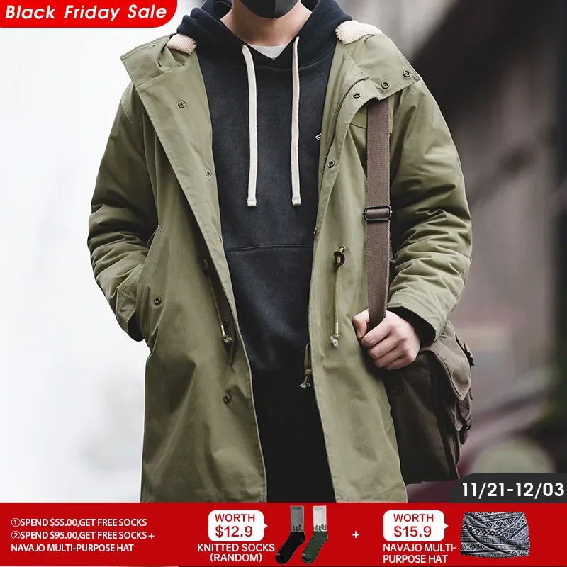 Maden Men's Thick Hooded M-51 Fishtail Cotton Coat Plus Velvet Parka Jacket Green Windbreaker Winter Autumn Men Trench Coat