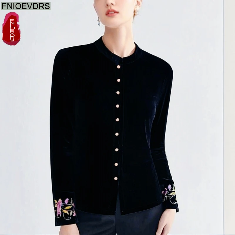 

Черные бархатные топы с вышивкой в китайском стиле, дизайн с воротником чи-пао, Новый год 2025, осень-зима, женская рубашка на пуговицах, блузка, винтажная