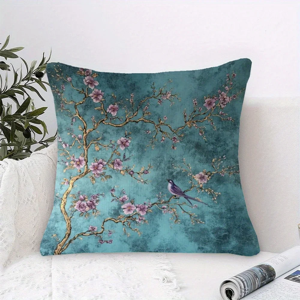 1Pc Vintage Floral Bird Cushion Cover Teal Blue Blossom Branch Pillowcase For Sofa Bed Home Decor Decorative Throw Case