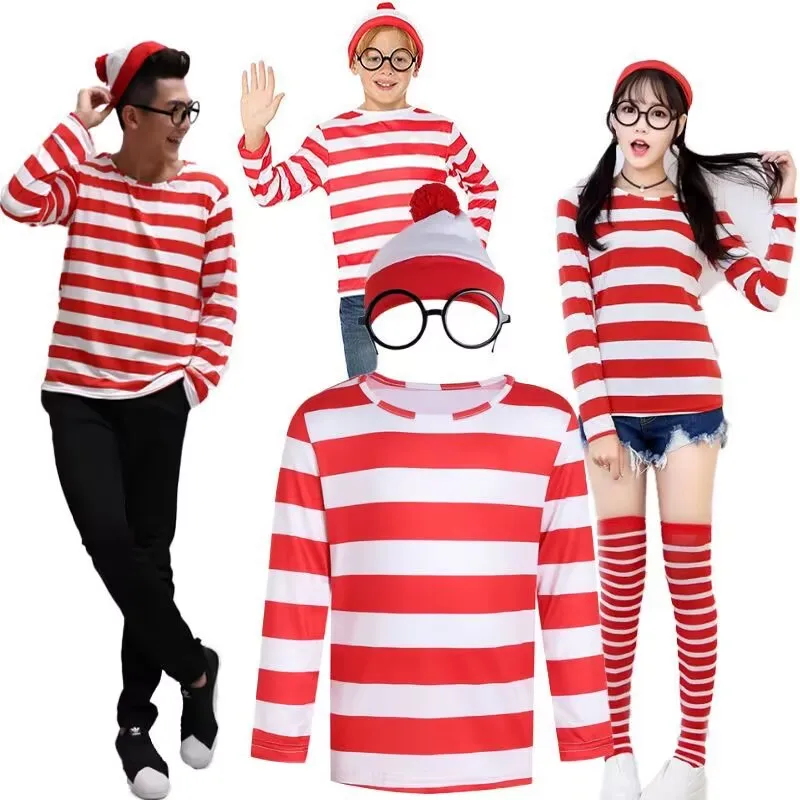 Waldo-Kostüm mit gestreifter Krawatte, Wally-Kostüm für Erwachsene, Unisex-Cosplay-Kostüm für Karneval, inklusive Brille, Hut und Socken