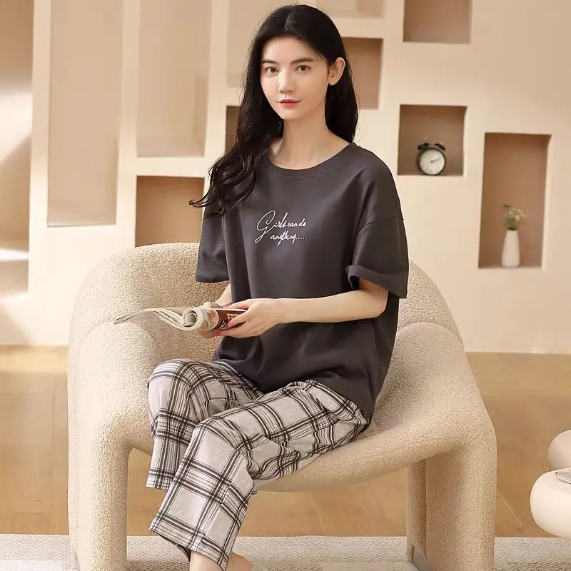 

Пижамы женские летние с короткими рукавами семь брюк домашняя одежда летняя тонкая корейская версия может выйти и досуг костюм из двух предметов