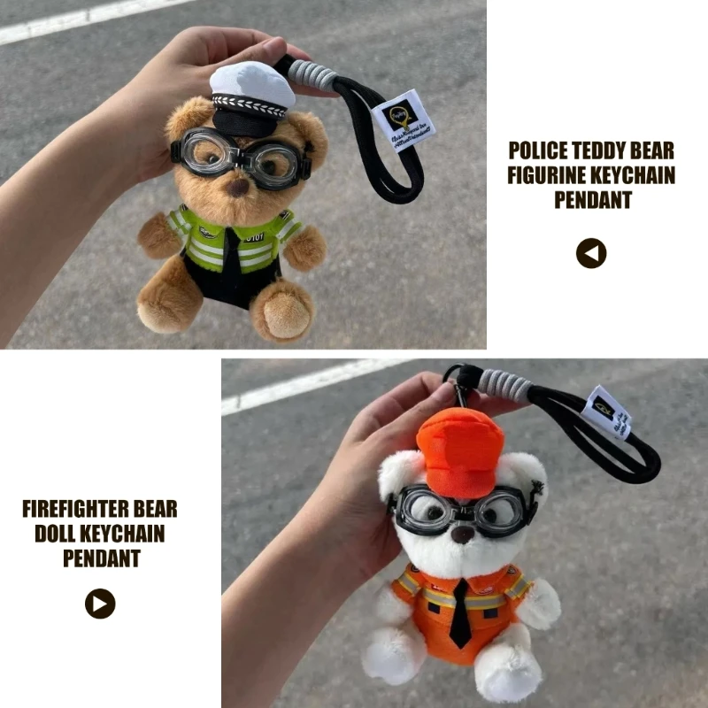 Eye Catching Policeman Fireman Bear Key Pendant PP Cotton Texture Fashionable Bag Charm Present For Fashion Enthusiasts