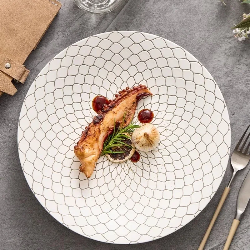 Glazed Ceramic Dinner Plate Hotel Tableware Black Line Artistic Conception Dinner Plate Round Soup Plate Special Tableware