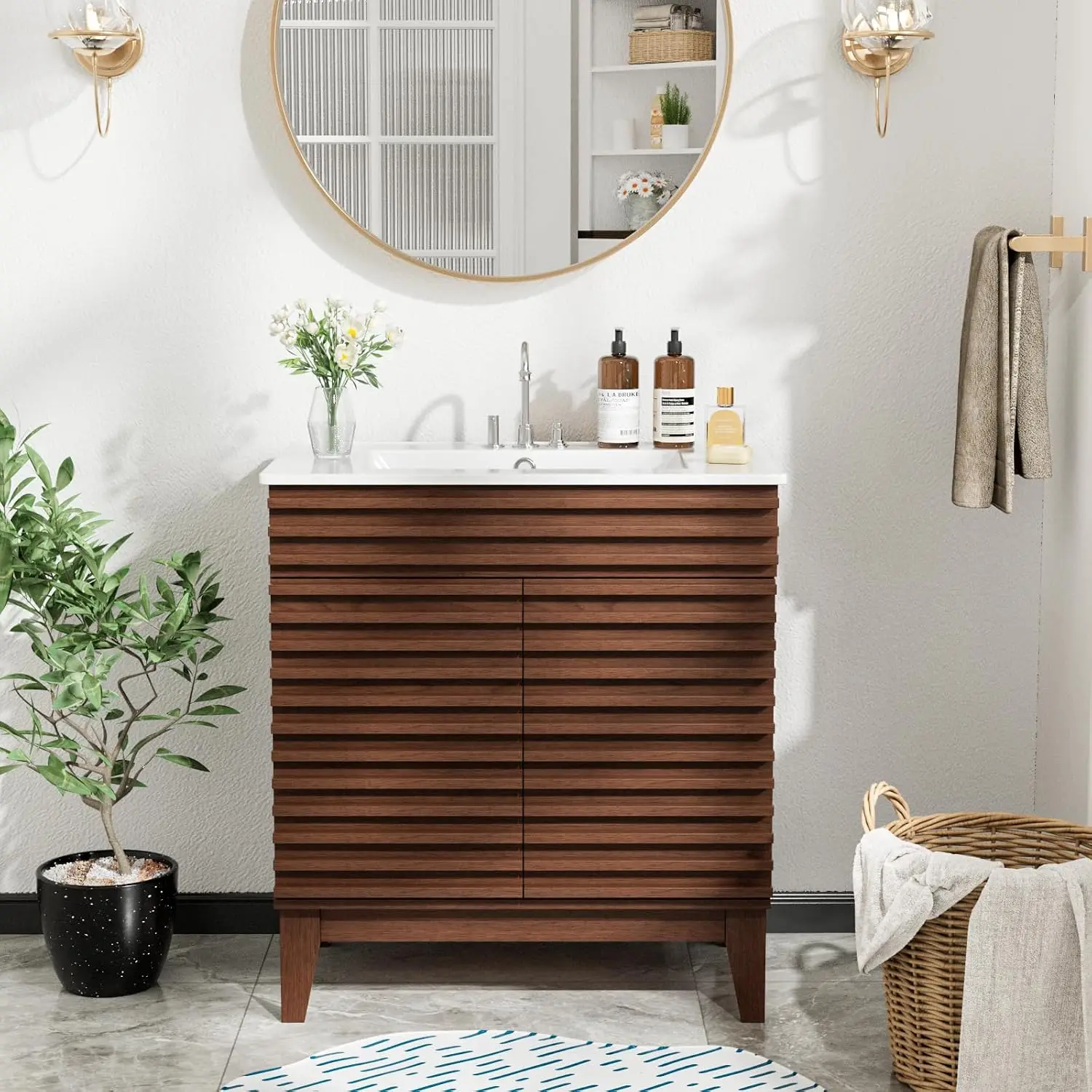 Mid-Century Bathroom Vanity with Sink, Freestanding Storage Cabinet, Undermount Ceramic Basin, Wood Grain Frame, Walnut, Customi
