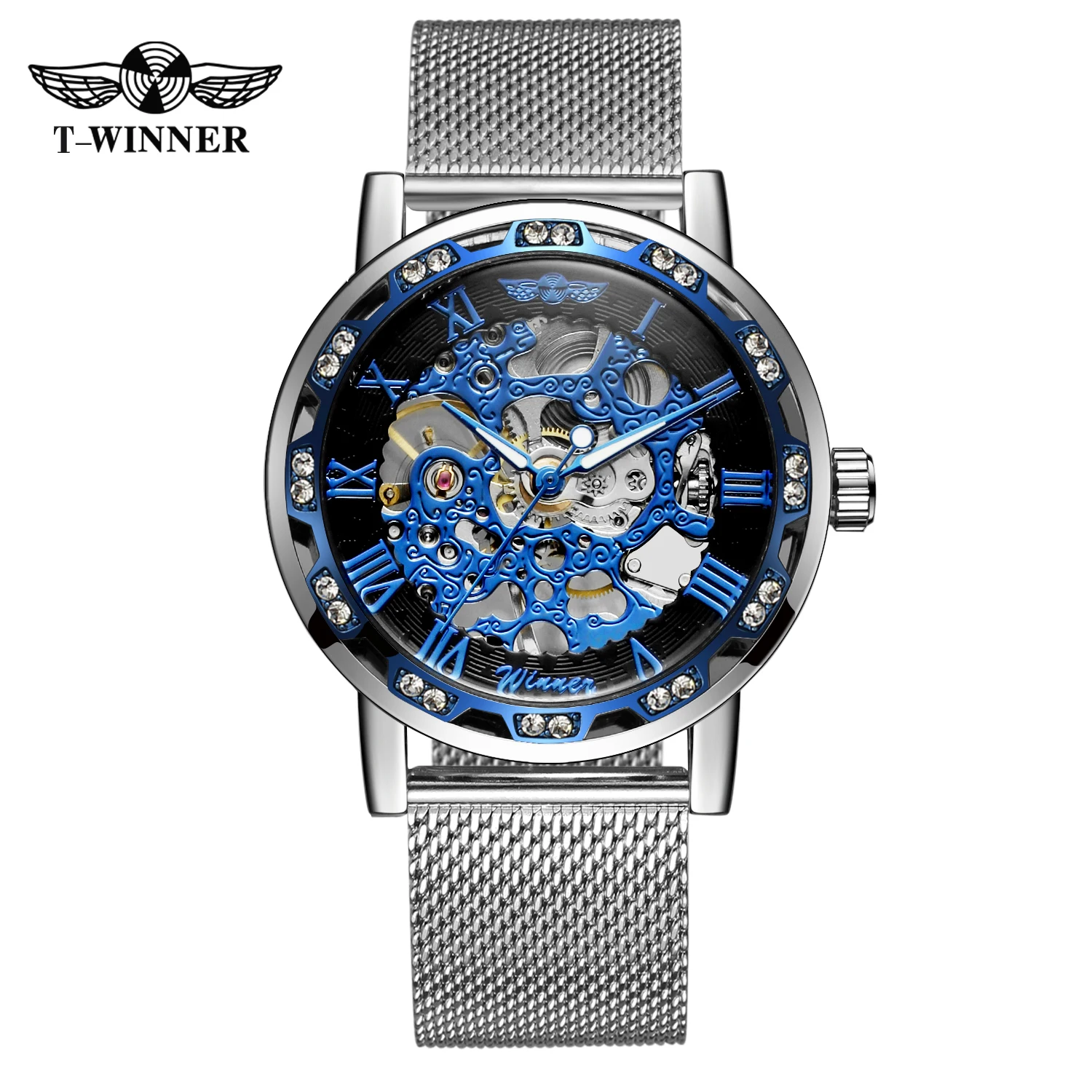 

T-WINNER Классические мужские механические часы со скелетом и гравировкой, светящиеся указатели, стразы, римские цифры, дизайн, сетчатый ремешок, мужские часы