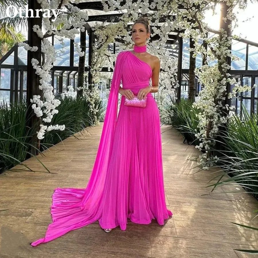 Othray Fuchsia Chiffon Evening Dresses Long Single One Shoulder Pleated Arabic Women Formal Prom Gowns Wedding Guest Robe