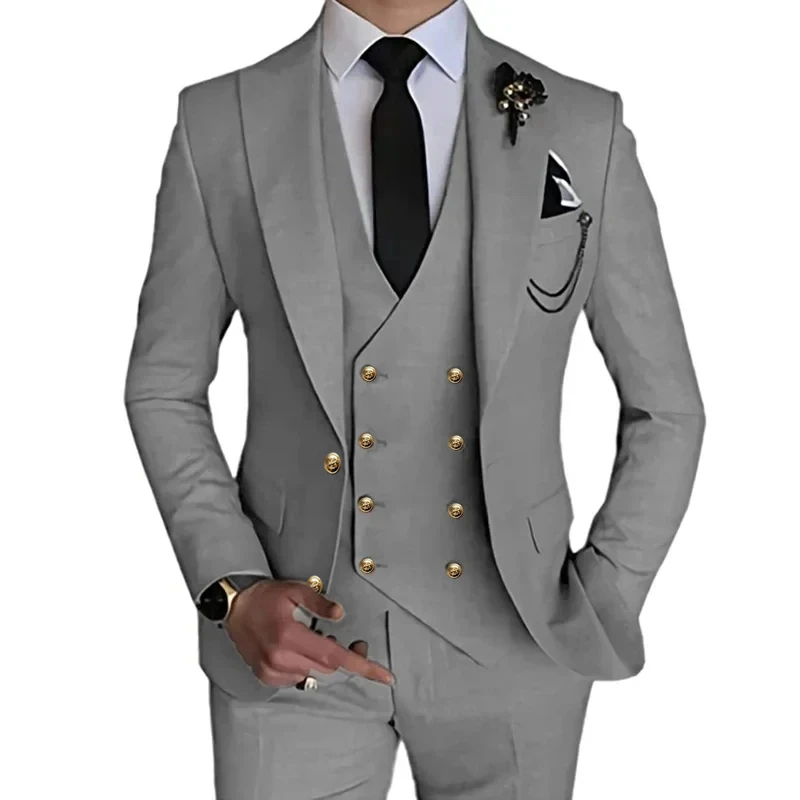 3 Pcs Set Suit Coat Vest Pants / 2024 Fashion Men Casual Boutique Stretch Fabric Double Slit Dress Blazers Jacket Trousers