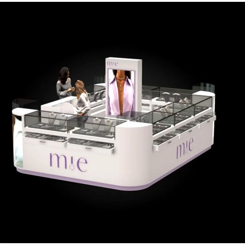 custom，Retail Store Display Showcase Shopping Mall White Jewelry Showcase Lockable LED Jewelry Kiosk Booth