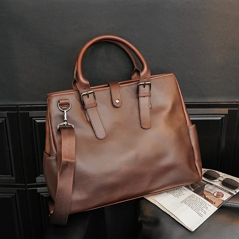 Vintage PU Leather Briefcase Handbag for Men with Top-Handle and Shoulder Strap