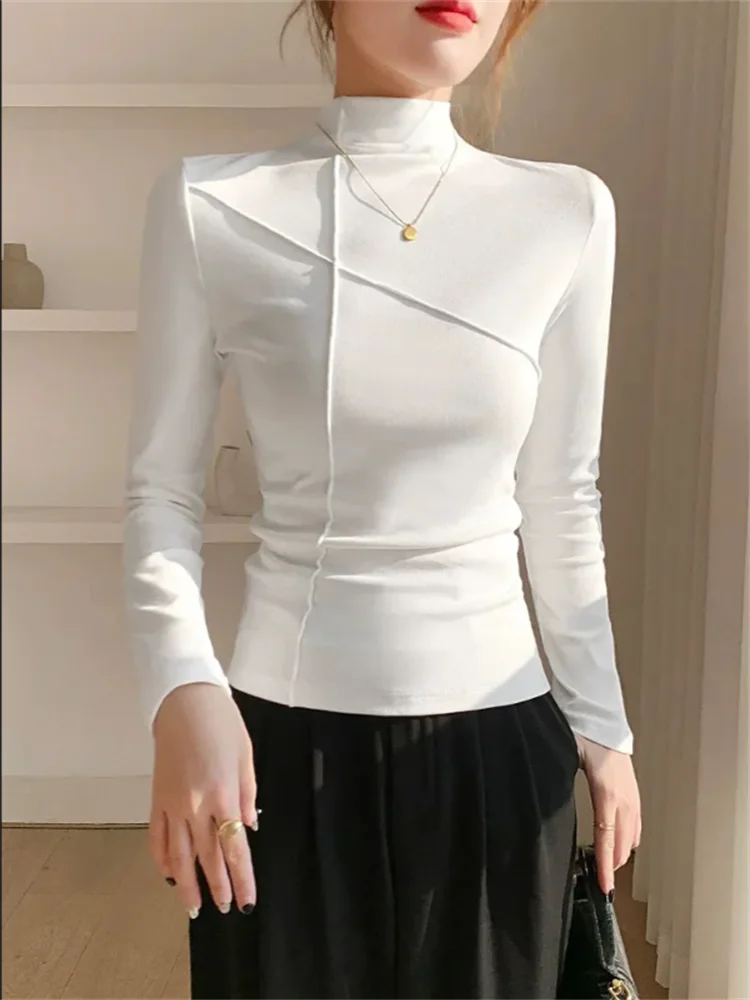 عالية الرقبة قاعدة التي شيرت المرأة بلوزة تي شيرت كم طويل سليم الراقية قمة الخريف الشتاء عادية أنثى تي شيرت بلون تيز #3