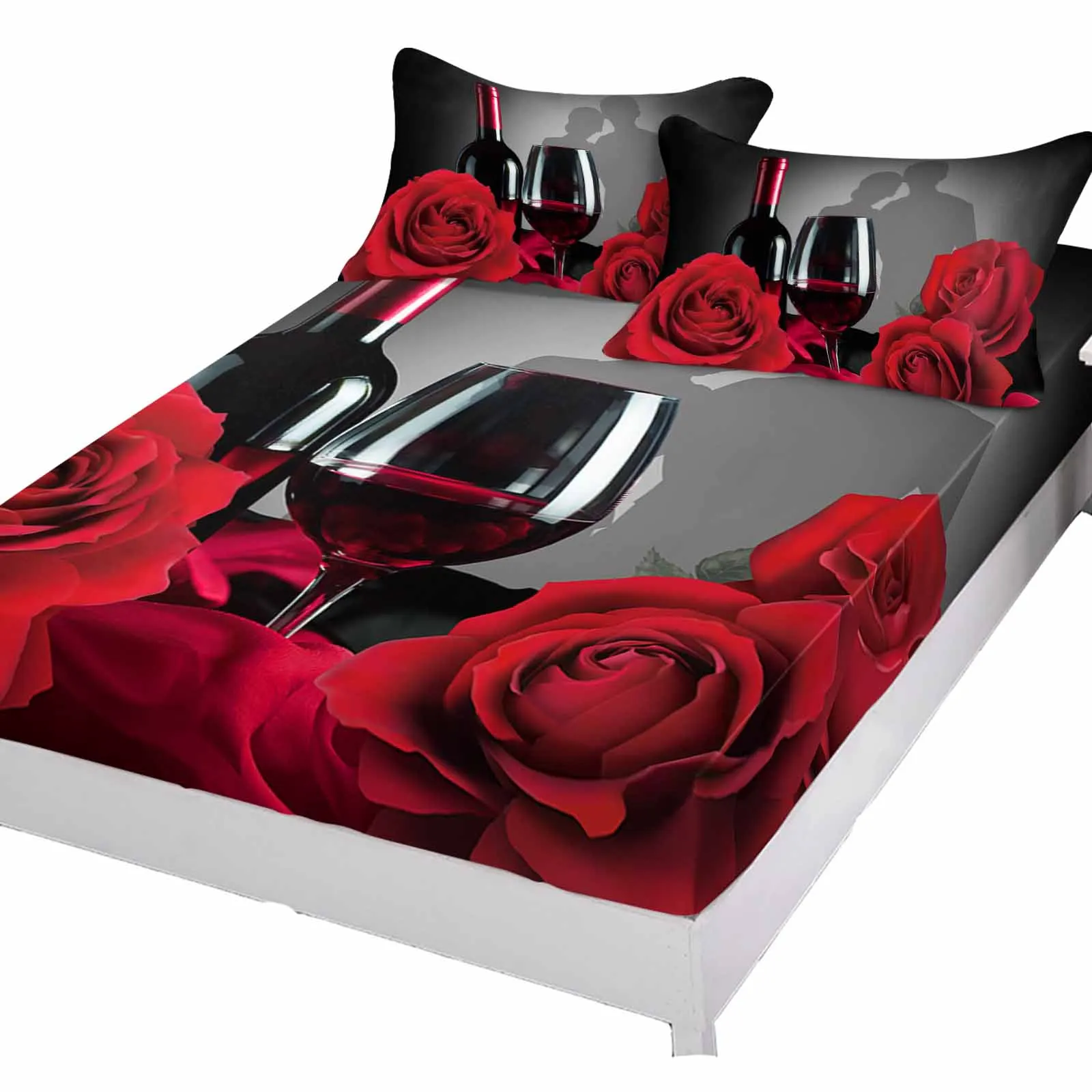 Rose Flower Wine Red Black Fitted Sheet with Elastic Bands Non Slip Adjustable Mattress Covers For Single Twin King Bed