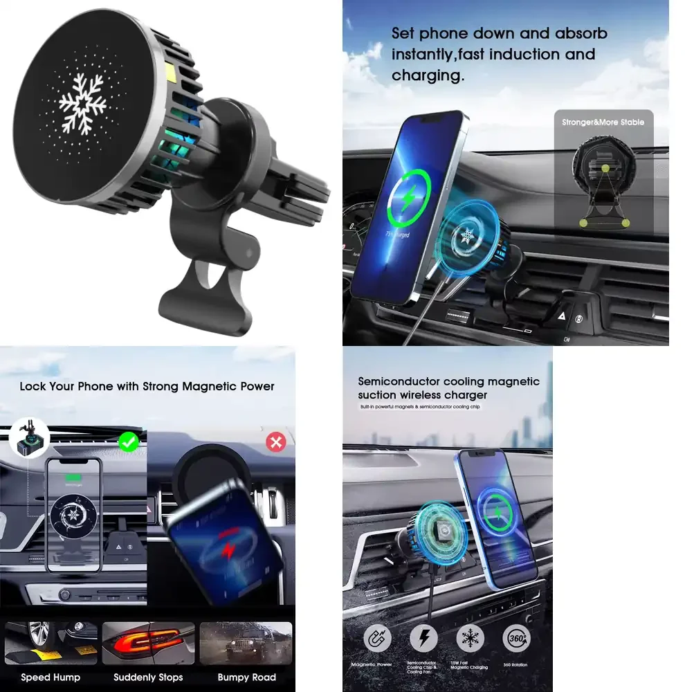 

15W Strong Suction Cooling Fan Car Air Vent Mount Magnetic Wireless Charger for Smartphone