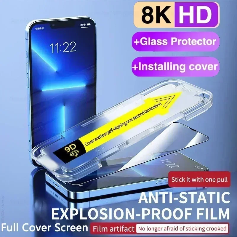 2PCS 8K High End Tempered Glass For iPhone 15 14 13 12 11 Pro Max XS MAX X XR Screen Protector With Alignment Mounting Cover