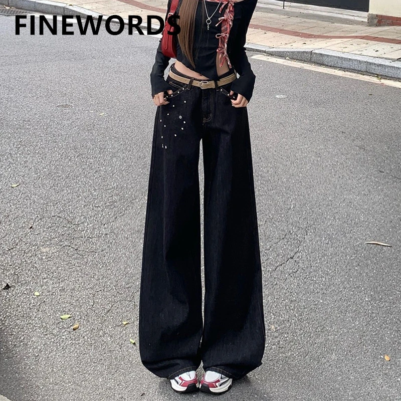 

FINEWORDS Women's High Waist Black Baggy Jeans with Rivet Detail Loose Fit Wide Leg Denim Trousers Y2K Streetwear Casual Pants