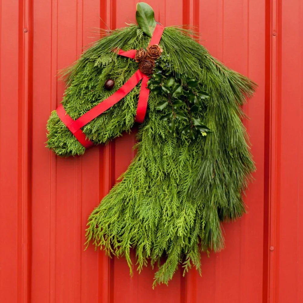 Christmas Horse Head Pine Needle Garland Decoration Front Door Decor Xmas Scene Arrangement Horse Head Garland Farm Decor