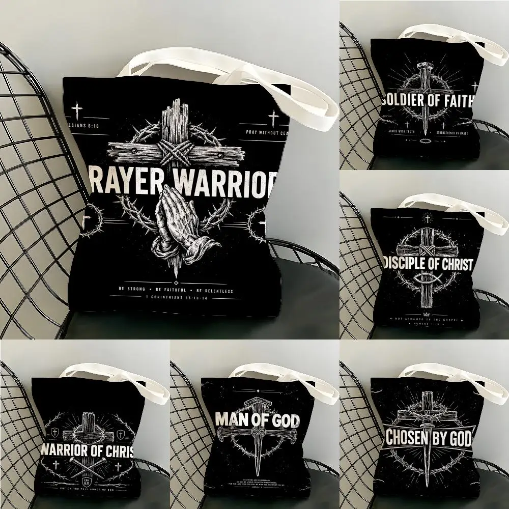 Vintage Sketch Faith Warrior Cross Thorn Storage Bags Canvas Tote Bag Women Capacity Reusable Eco Shopping Shoulder Handbag