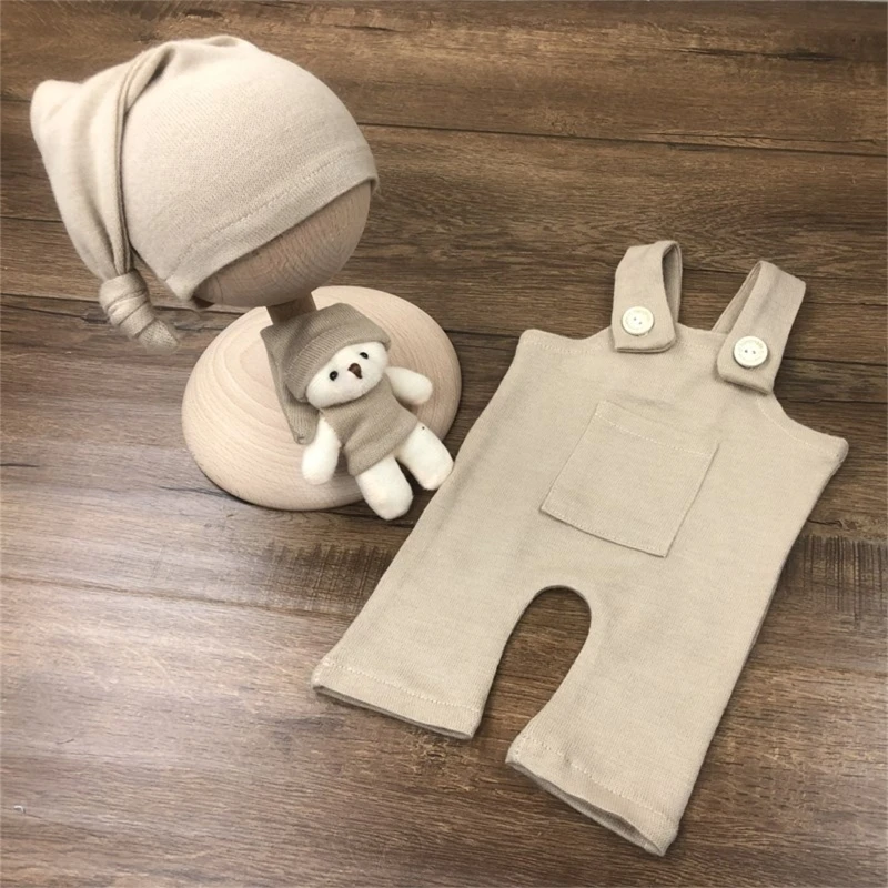 Newborn Baby Photography Clothing Set Solid Color Overalls Romper with Long Tail Hat Bear Doll Photo Props Costume P31B