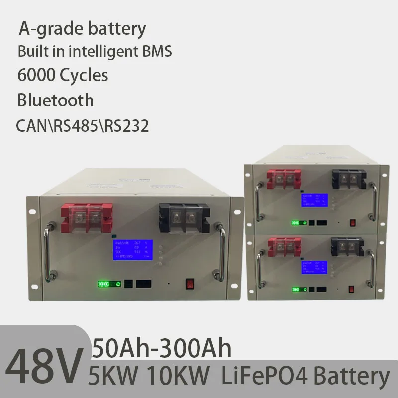 

48V 200AH 150AH 100AH LiFePO4 Battery Pack 51.2V 10KW Lithium Solar Battery Rechargeable Battery 6000+ Cycles For Home Storage