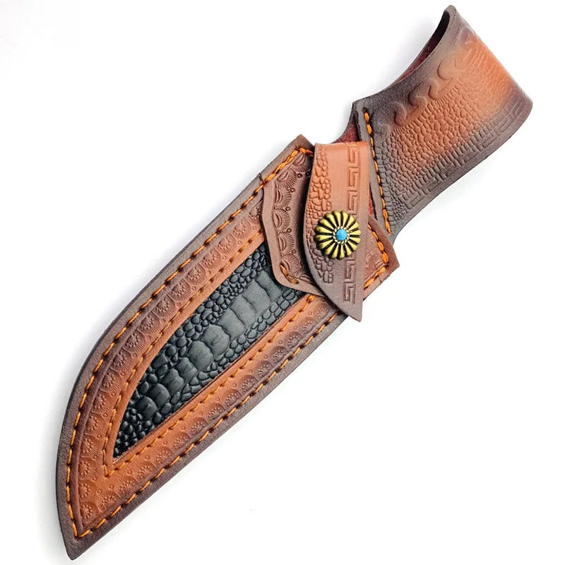 Cowhide Cow Leather Material Outdoor Straight Knife Sheath Scabbard With Turquoise Buckle Fixed Blade Cover Pants Holder Bag