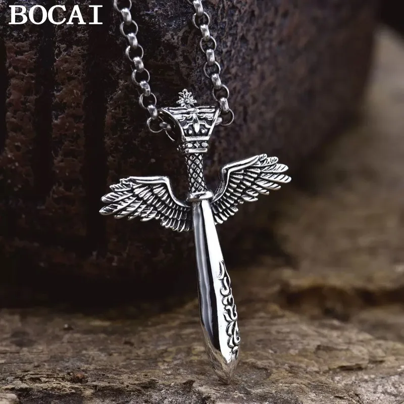 

BOCAI NEW S925 Sterling Silver Vintage Hip-hop Cross Sword Angel Wings Pendant