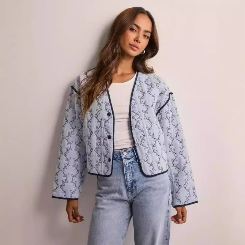 

Women's Y2K Vintage Jacket 2025 Floral Print Quilted Coat with Embroidery Pockets Autumn Winter Retro Chic Fashion Outerwear