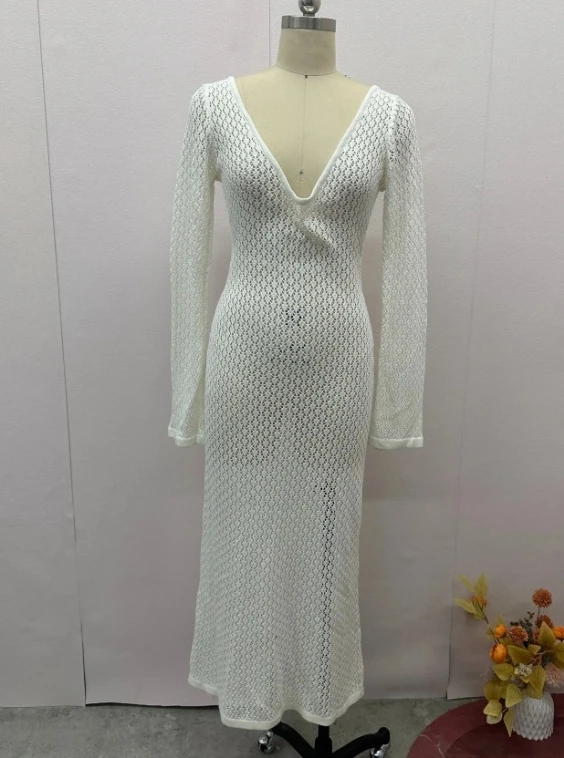 Women Dresses 2024 Spring Sexy Perspective Hollow Out V-Neck Long Sleeved Backless Casual Solid Color Beach Vacation Long Dress