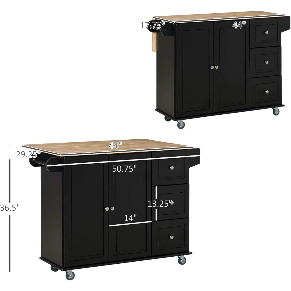 Mobile Kitchen Island with Drop Leaf, Storage Trolley Cart on Wheels, Towel/Spice Rack, 3 Drawers, 2-Door Cabinet