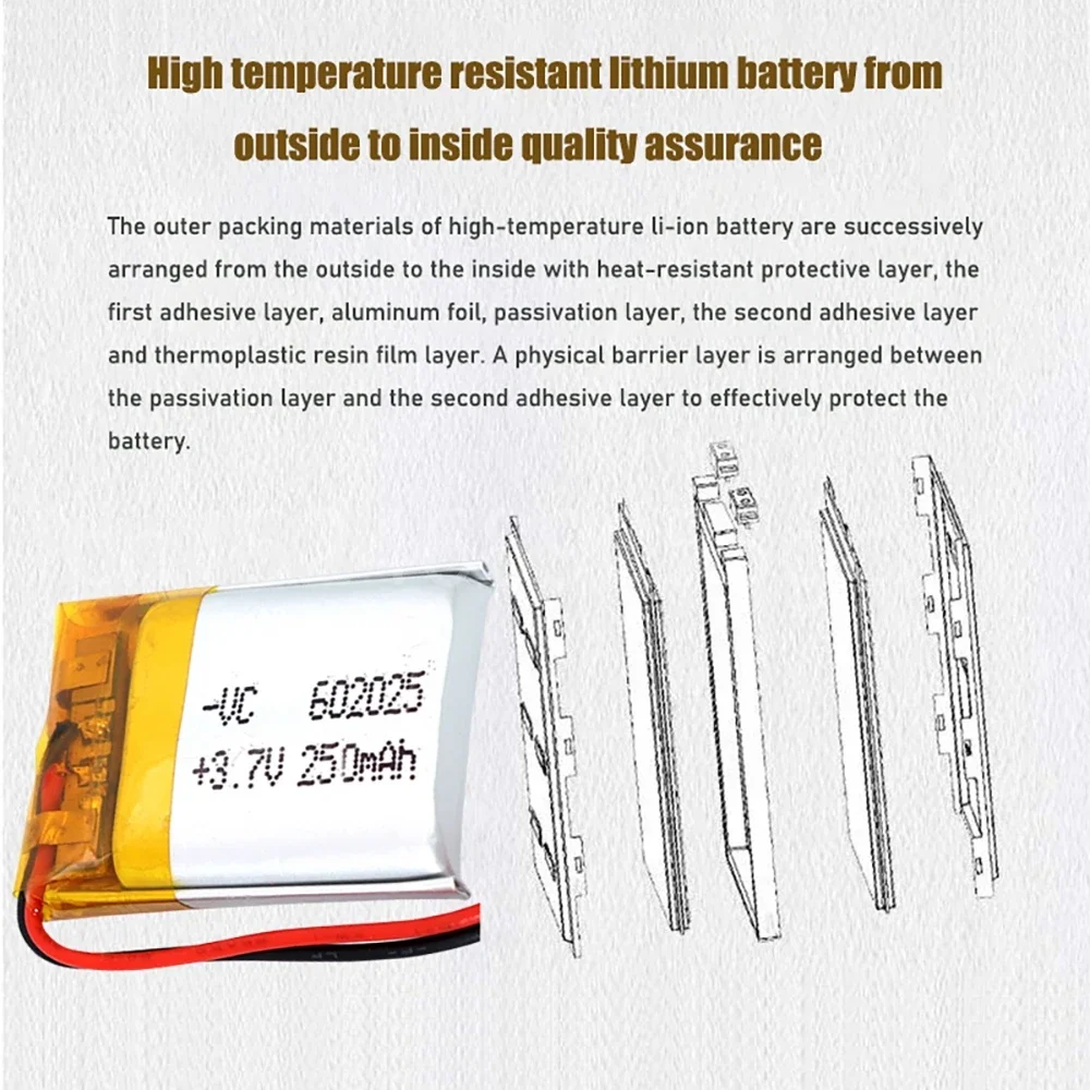3,7 V 250 mAh 602025   Celle della batteria ricaricabili agli ioni di litio Li-Po ai polimeri di litio per Mp3 MP4 MP5 GPS PSP mobile bluetooth
