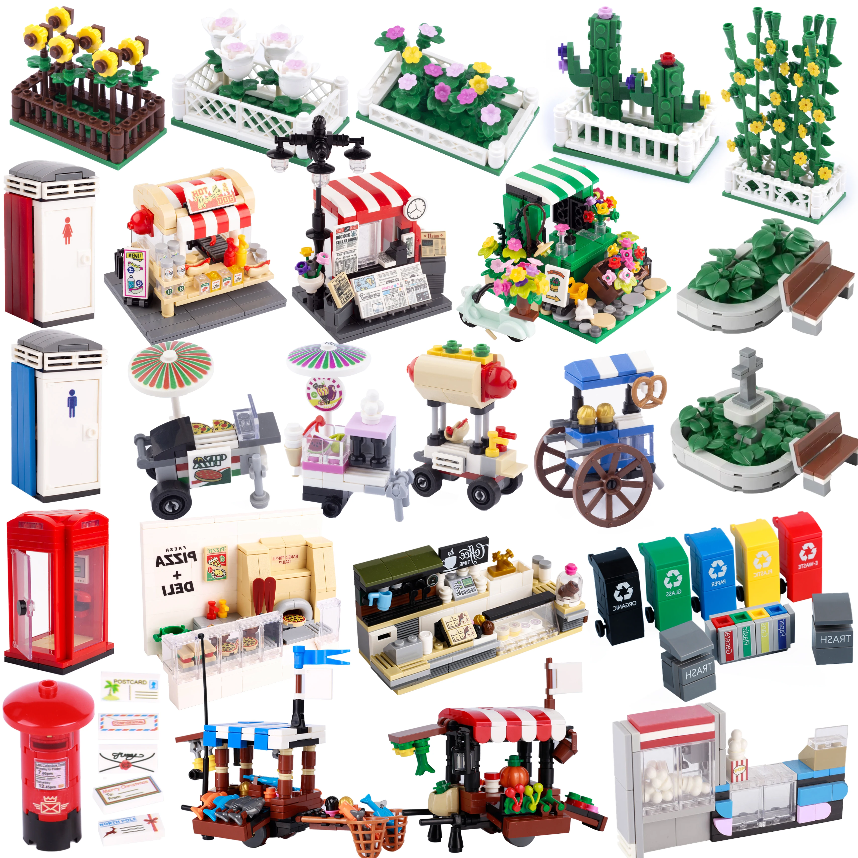 MOC Food Stall Building Blocks Call Box Toilet City Street View Pizza Hot Dog Ice Cream Trolley DIY Flower Bed Church Bricks Toy