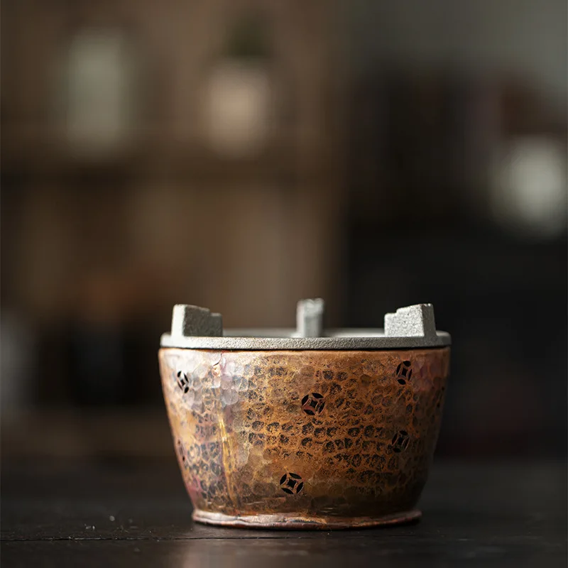 - Premium Handcrafted Pure Copper Hammered Tea Warmer, Ancient Coin Pattern Charcoal Stove, Collectible Chinese Tea Ware