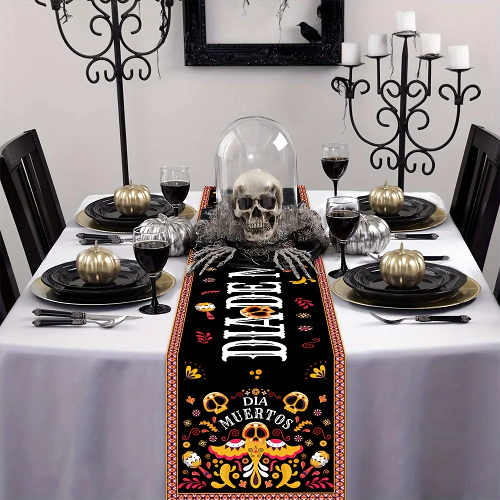 Mexican Dia De Los Muertos Linen Table Runner Fiesta Party Decor Mexico Skull Day of The Dead Table Runners Kitchen Table Decor