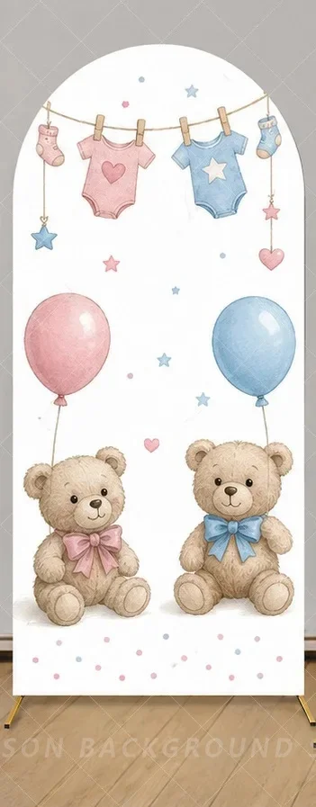 Gender Reveal Arch Cover Backdrop He or She Teddy Bears balloon Baby Shower Party background