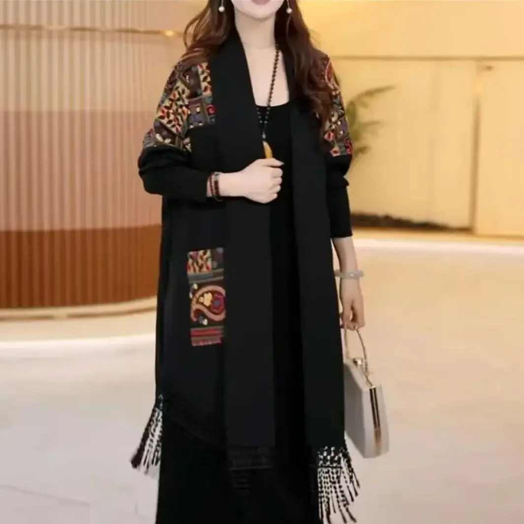 Spring Autumn New Mother Cloak Knitted Tassel Shawl Cardigan Jacket Women's Large Size Fashion Cardigan Sweater Large Size 5XL