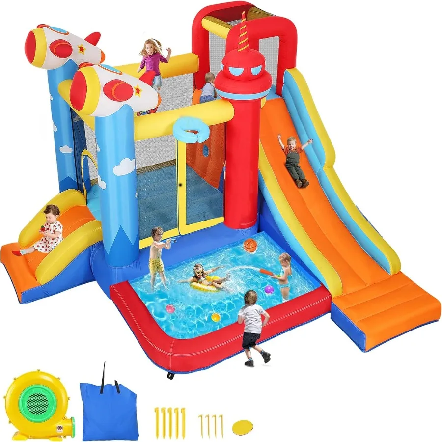 Tobogán acuático inflable para casa de rebote, castillo hinchable 7 en 1, combinación de piscina de agua y área de rebote y toboganes y juego de baloncesto y Da
