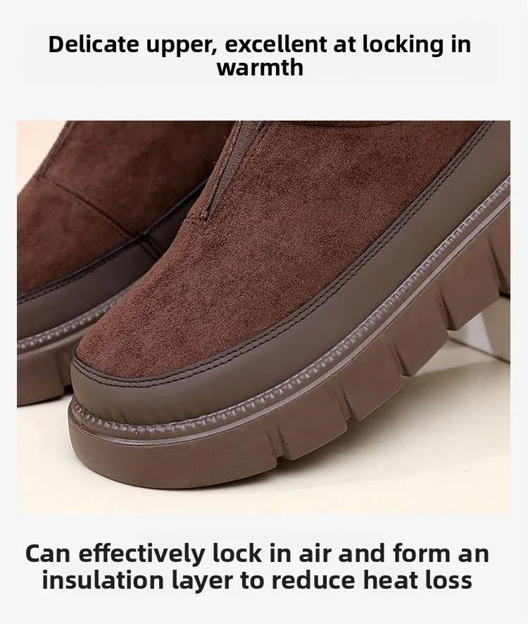 Damen Winter Warme Plüschgefütterte Schneeschuhe Wildleder-Obermaterial Reißverschluss Dicke Plattform Rutschfeste Lässige Knöchelhohe Baumwollstiefel – Detail 2