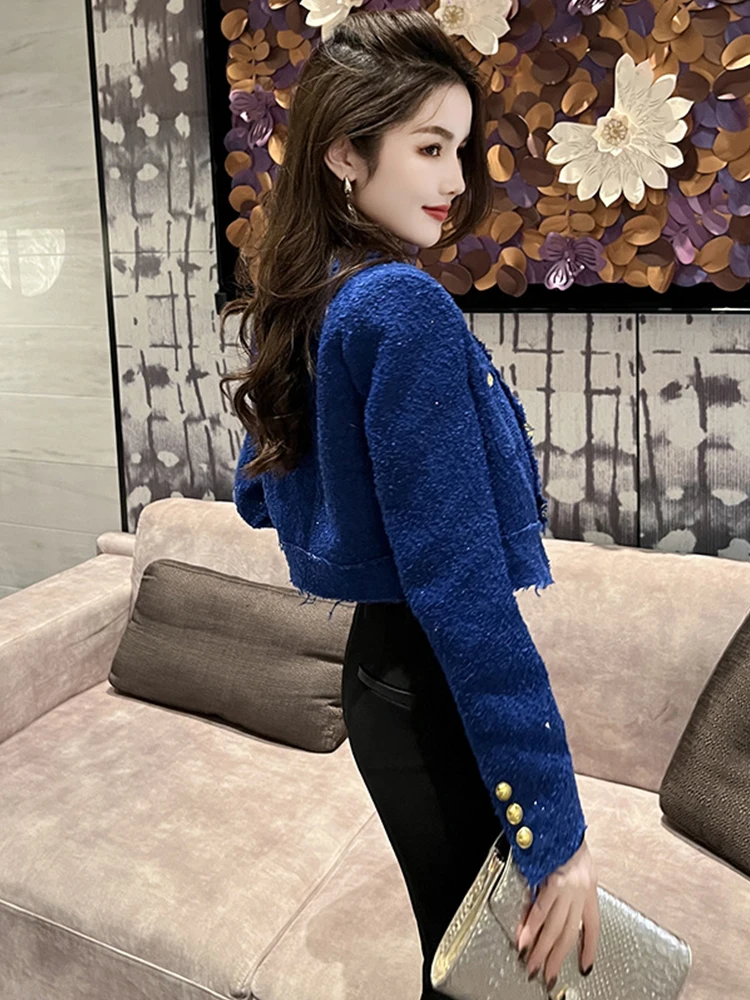 Fashion Short Jacket for Women Elegant White Blue Tweed Tops Coat Long Sleeve Buttons Femme Clothes Office Lady Street Outwear