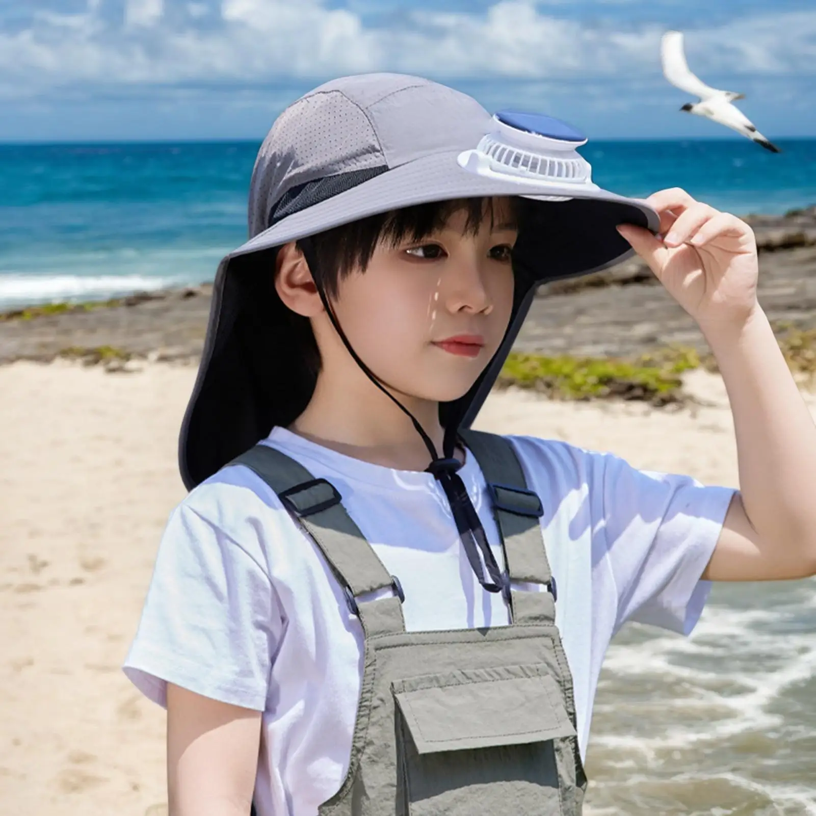 

Solar Fan Hat For Kids Wide Brim Cooling Hat Hot Day Cooling Fan Wide Brim Sunscreen Cap For Outdoor Activities Mountain