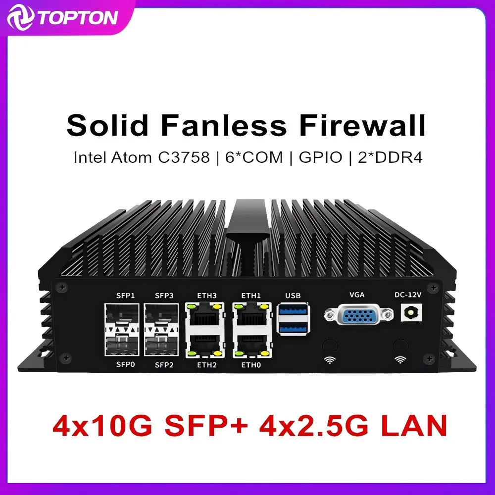 Solid Fanless Mini PC 4x10G SFP+ 4xi226-V 2.5G LAN Firewall Intel Atom C3758 8 Core Home Server Soft Router GPIO 6*COM AES-NI