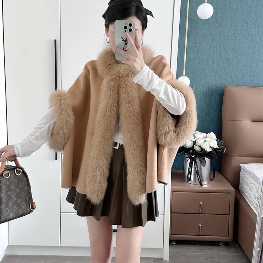 

Модный зимний женский шерстяной плащ с воротником из натурального лисьего меха, кашемировое теплое пальто, роскошное толстое женское пальто, плащ