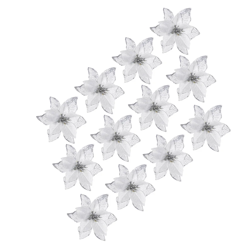 

32pcs Christmas Flower Decorations Simulated Flowers for Tree Craft Gold Dust Artificial Xmas Decor Lifelike Glitter