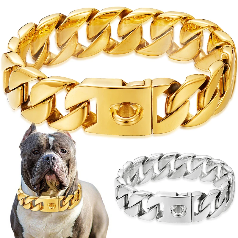 

32mm Strong Stainless Steel Cast Gold Dog Collar Solid Buckle Necklace Bully Fighting Large Dog Dog Chain