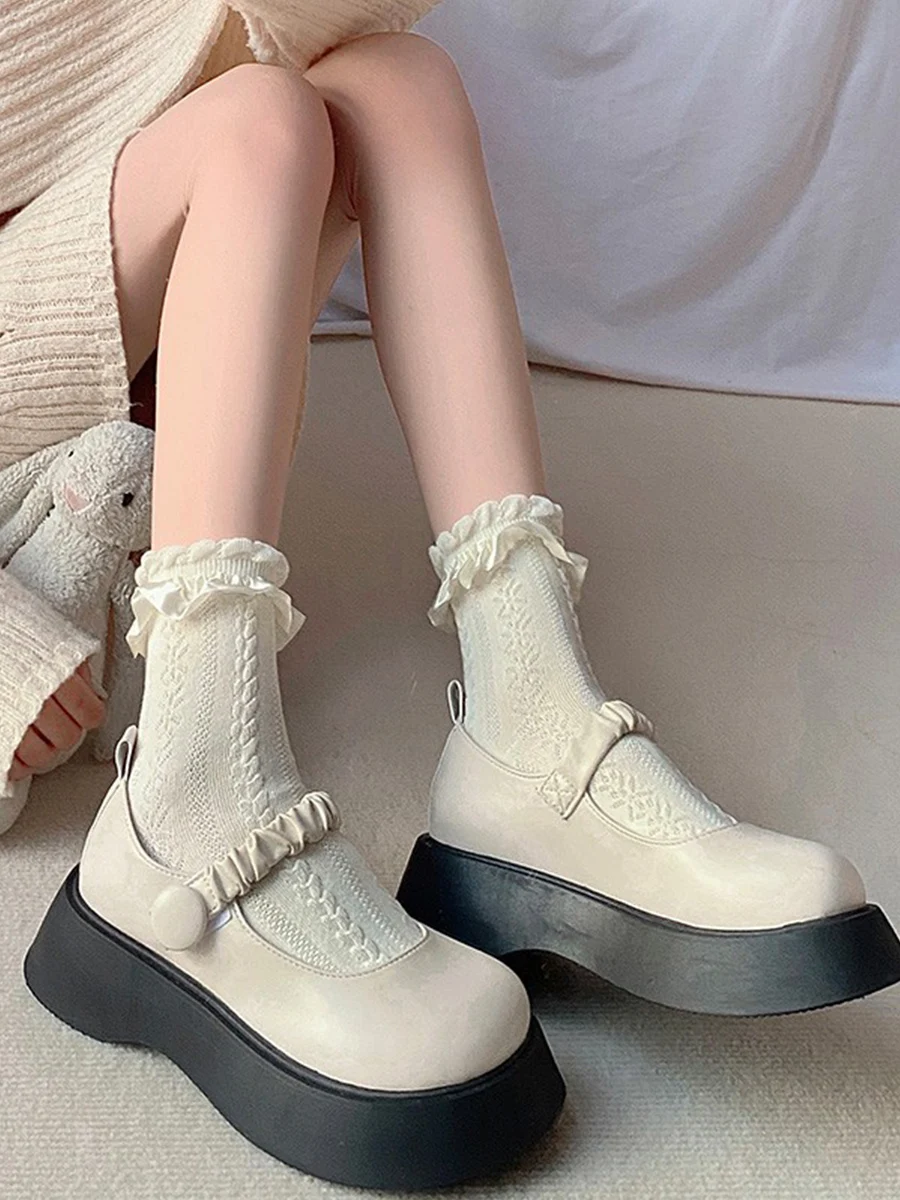 Lace Socks Women's PureColor Cotton Beige Texture Lace Mid-Calf Length Socks Thin Japanese Cute Thickened Four Seasons Universal