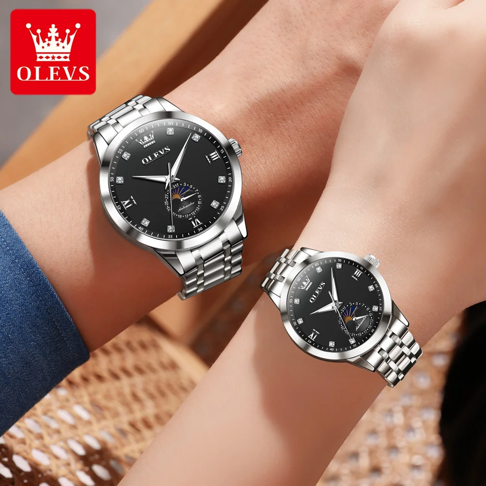 OLEVS 7041 Couple Watch for Men Women Moon Phase Automatic Mechanical Wristwatch Luxury Brand Diamond Scale Lover's Wristwatches