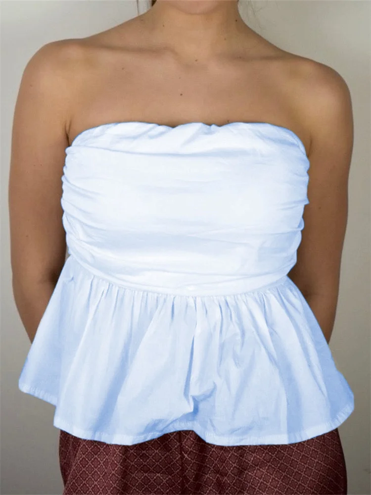 

CHRONSTYLE Women Summer Slim Fit Tube Tops Solid Color Ruched Low Cut Top Strapless Off Shoulder Tank Vest Party Streetwear 2024