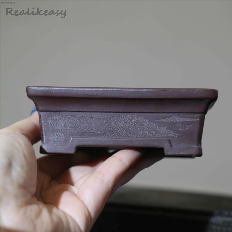 2025 الأرجواني الطين اناء للزهور الصينية مربع اناء للزهور بونساي وعاء صغير الكلاسيكية الزخرفية نحت وعاء عصاري مع HolesLH843