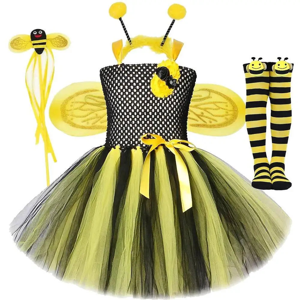 

Платье-пачка в виде пчелы для маленьких девочек, детские костюмы в виде джмеля с крыльями, карнавальный наряд на Хэллоуин, детская новогодняя одежда