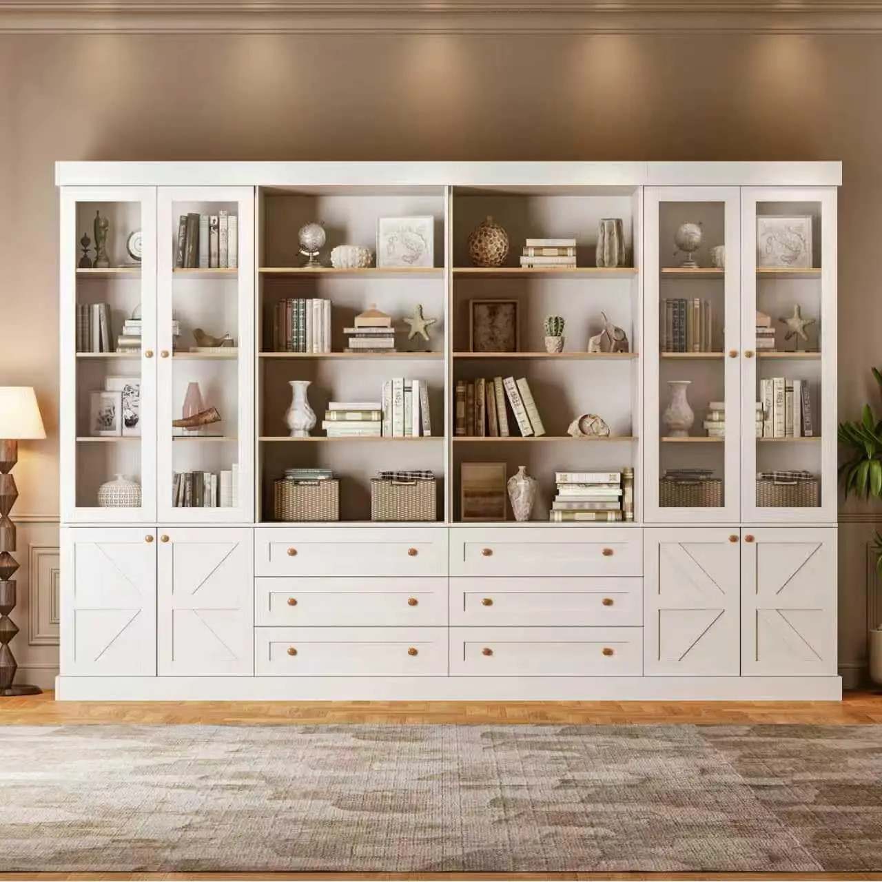 71" Tall Farmhouse Bookshelves with Glass Doors and Drawers,Large Modular Bookcase with Adjustable Shelves, Storage Cabinet for